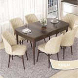 Canisa Nef Serisi 70x114 cm Açılabilir Mdf Barok Ahşap Desen 6 Krem Sandalye Masa Takımı