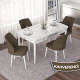 Canisa Nef Serisi 70x114 cm Açılabilir Mdf Beyaz Mermer Desen 4 Kahverengi Sandalye Masa Takımı