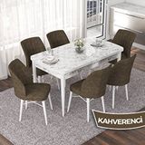 Canisa Nef Serisi 70x114 cm Açılabilir Mdf Beyaz Mermer Desen 6 Kahverengi Sandalye Masa Takımı
