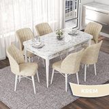 Canisa Nef Serisi 70x114 cm Açılabilir Mdf Beyaz Mermer Desen ve 6 Krem Sandalye Masa Takımı