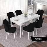 Canisa Nef Serisi 70x114 cm Açılabilir Mdf Beyaz Mermer Desen ve 6 Siyah Sandalye Masa Takımı