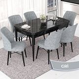 Canisa Nef Serisi 70x114 cm Açılabilir Mdf Siyah Mermer Desen 6 Gri Sandalye Masa Takımı