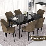 Canisa Nef Serisi 70x114 cm Açılabilir Mdf Siyah Mermer Desen 6 Kahverengi Sandalye Masa Takımı