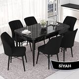 Canisa Nef Serisi 70x114 cm Açılabilir Mdf Siyah Mermer Desen 6 Siyah Sandalye Masa Takımı