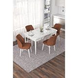 Canisa Nef Serisi, Beyaz Mermer Desen 70x114, Açılabilir Mdf Yemek Odası Takımı, 4 Kiremit Sandalye