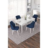 Canisa Nef Serisi, Beyaz Mermer Desen 70x114, Açılabilir Mdf Yemek Odası Takımı, 4 Lacivert Sandalye