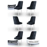 Canisa Newa Serisi 6 Adet Antrasit Sandalye, Babyface Kumaş, Beyaz Metal Ayak, Gümüş Halkalı