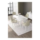Canisa Nex Serisi 80x132 MDF Açılabilir Beyaz Masa Takımı Gümüş Halkalı Krem 4 Sandalye