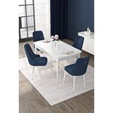 Canisa Nex Serisi Beyaz 80x132 Mdf Yemek Odası Takımı Metal Iskeletli 4 Lacivert Sandalye Gümüş Halkalı