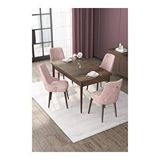 Canisa Nex Serisi MDF 80x132 cm Açılabilir Barok Ahşap Desen 4 Sandalye Gümüş Halkalı Pembe Mutfak Masası Takımı