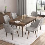 Canisa Nex Serisi MDF 80x132 cm Açılabilir Barok Ahşap Desen 6 Sandalye Gold Halkalı Gri Mutfak Masası Takımı