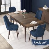 Canisa Nex Serisi MDF 80x132 cm Açılabilir Barok Ahşap Desen 6 Sandalye Gold Halkalı Lacivert Mutfak Masası Takımı