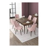 Canisa Nex Serisi MDF 80x132 cm Açılabilir Barok Ahşap Desen 6 Sandalye Gold Halkalı Pembe Mutfak Masası Takımı