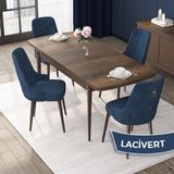 Canisa Nex Serisi MDF 80x132 cm Açılabilir Barok Ahşap Desen 6 Sandalye Gümüş Halkalı Lacivert Mutfak Masası Takımı
