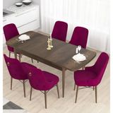 Canisa Nex Serisi MDF 80x132 cm Açılabilir Barok Ahşap Desen 6 Sandalye Gümüş Halkalı Mürdüm Mutfak Masası Takımı