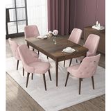 Canisa Nex Serisi MDF 80x132 cm Açılabilir Barok Ahşap Desen 6 Sandalye Gümüş Halkalı Pembe Mutfak Masası Takımı