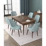 Canisa Nex Serisi MDF 80x132 cm Açılabilir Barok Ahşap Desen 6 Sandalye Gümüş Halkalı Su Yeşili Mutfak Masası Takımı