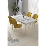 Canisa Nil Serisi 70x110 cm Sabit Mutfak Masası Takımı, Beyaz Mermer Desen Masa, 4 Hardal Sandalye