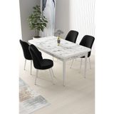 Canisa Nil Serisi 70x110 cm Sabit Mutfak Masası Takımı, Beyaz Mermer Desen Masa, 4 Siyah Sandalye 02-NIL01BYZMR04