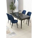 Canisa Nil Serisi 70X110 Sabit Mutfak Masası Takımı Siyah Mermer Desen Masa 4 Lacivert Sandalye