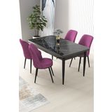 Canisa Nil Serisi 70x110 Sabit Mutfak Masası Takımı Siyah Mermer Desen Masa 4 Mor Sandalye