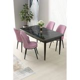 Canisa Nil Serisi 70X110 Sabit Mutfak Masası Takımı Siyah Mermer Desen Masa 4 Pembe Sandalye