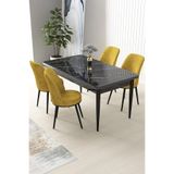 Canisa Nil Serisi 70x114 cm Sabit Mutfak Masası Takımı, Siyah Mermer Desen Masa, 4 Hardal Sarısı Sandalye