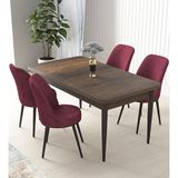 Canisa Nil Serisi Barok Ahşap Desen 70x110 cm Sabit Masa 4 Sandalye Bordo Mutfak Masası Takımı