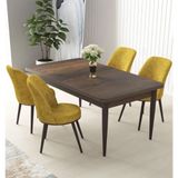Canisa Nil Serisi Barok Ahşap Desen 70x110 cm Sabit Masa 4 Sandalye Hardal Mutfak Masası Takımı