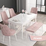 Canisa Nil Serisi Barok Ahşap Desen 70x110 cm Sabit Masa 4 Sandalye Pembe Mutfak Masası Takımı