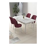 Canisa Nil Serisi Beyaz Mermer Desen 70x110 cm Sabit Masa 4 Sandalye Bordo Mutfak Masası Takımı