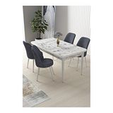 Canisa Nil Serisi Beyaz Mermer Desen 70x110 cm Sabit Masa 4 Sandalye Füme Mutfak Masası Takımı