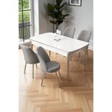 Canisa Nira Serisi 70x114 cm MDF Açılabilir Beyaz Mutfak Masa Takımı, 4 Gri Sandalye, Krom Detay
