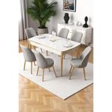 Canisa Nira Serisi 70x114 cm MDF Açılabilir Beyaz Mutfak Masa Takımı, 6 Gri Sandalye, Gold Detay