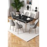 Canisa Nira Serisi 70x114 cm MDF Siyah Mermer Desen Mutfak Masa Takımı, 6 Gri Sandalye, Krom Detay