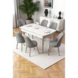 Canisa Nira Serisi 70x114 Mdf Açılabilir Beyaz Masa Takımı 6 Gri Sandalye Krom Detay