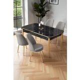 Canisa Nira Serisi 70x114 Mdf Siyah Mermer Desen Mutfak Masa Takımı 4 Gri Sandalye Gold Detay