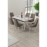 Canisa Nis Serisi 89x150 Açılabilir Lak Panel Rampla Gri Masa Takımı, 6 Cappucino Sandalye, Krom Ayak