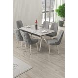 Canisa Nis Serisi 89x150 cm Açılabilir Masa Takımı, Lak Panel Rampla, Gri Sandalye, 6 Kişilik