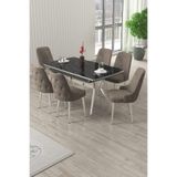 Canisa Nis Serisi 90x160 Açılabilir Siyah Mermer Masa Takımı, 6 Cappucino Sandalye, Krom Ayak