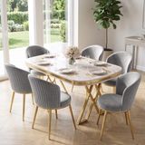 Canisa Nisare Serisi 90X168 Lak Panel Beyaz Mermer Desen Masa Takımı Gold Ayaklı 6 Sandalye - Gri