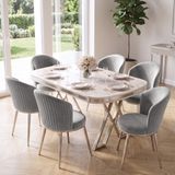 Canisa Nisare Serisi 90X168 Lak Panel Beyaz Mermer Desen Masa Takımı Krom Ayaklı 6 Sandalye - Gri