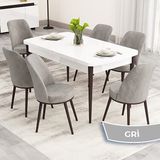 Canisa Nix Serisi Açılabilir MDF 70X114 Beyaz Masa Ceviz Ayak Mutfak Masası Takımı ve 6 Sandalye - Gri