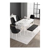 Canisa Noa Serisi 80x132 MDF Açılabilir Beyaz Masa Takımı 4 Sandalye Gold Halkalı ve Siyah 1 Bench