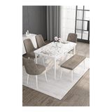 Canisa Noa Serisi 80x132 MDF Açılabilir Beyaz Masa Takımı 4 Sandalye Gümüş Halkalı ve Cappucino 1 Bench