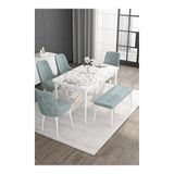 Canisa Noa Serisi 80x132 MDF Açılabilir Beyaz Masa Takımı 4 Sandalye Gümüş Halkalı ve Su Yeşili 1 Bench