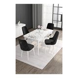 Canisa Noa Serisi 80x132 MDF Açılabilir Beyaz Masa Takımı Gümüş Halkalı Siyah 4 Sandalye