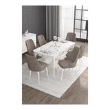 Canisa Noa Serisi 80x132 MDF Açılabilir Beyaz Mermer Desen Masa Takımı Gümüş Halkalı Kahverengi 4 Sandalye