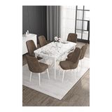 Canisa Noa Serisi 80x132 MDF Açılabilir Beyaz Mermer Desen Masa Takımı Gümüş Halkalı Kahverengi 6 Sandalye