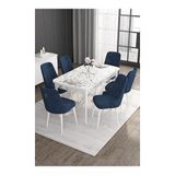 Canisa Noa Serisi 80x132 MDF Açılabilir Beyaz Mermer Desen Masa Takımı Gümüş Halkalı Lacivert 4 Sandalye